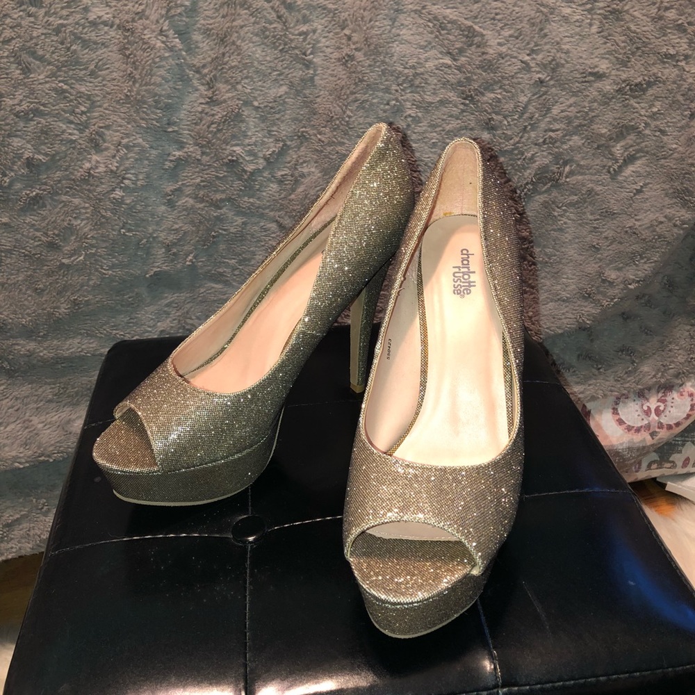 Sparkly Gold/Bronze Platform Peep Toe Heels